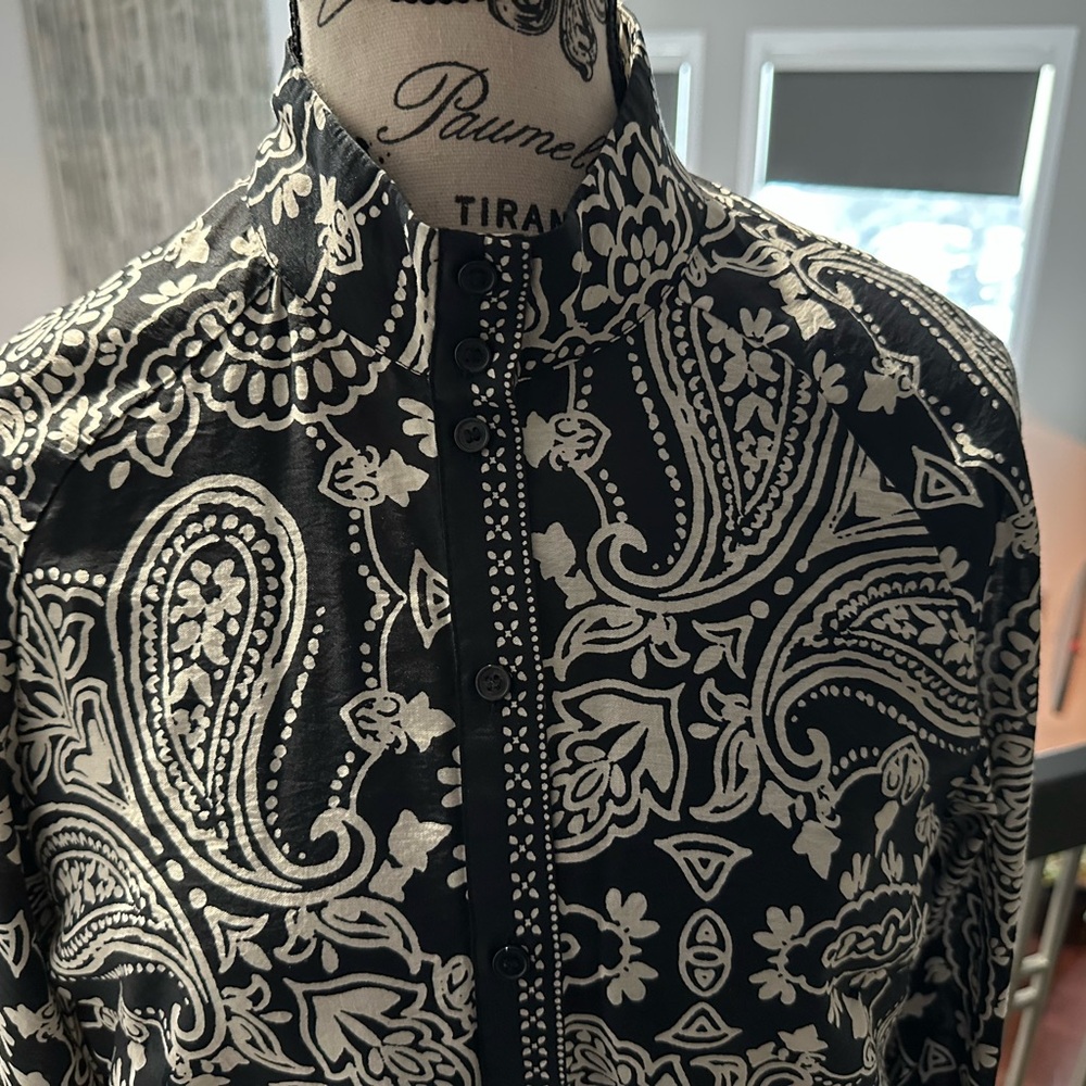 YFB Printed Black & White Linen Shirt Dress With Bishop Sleeves